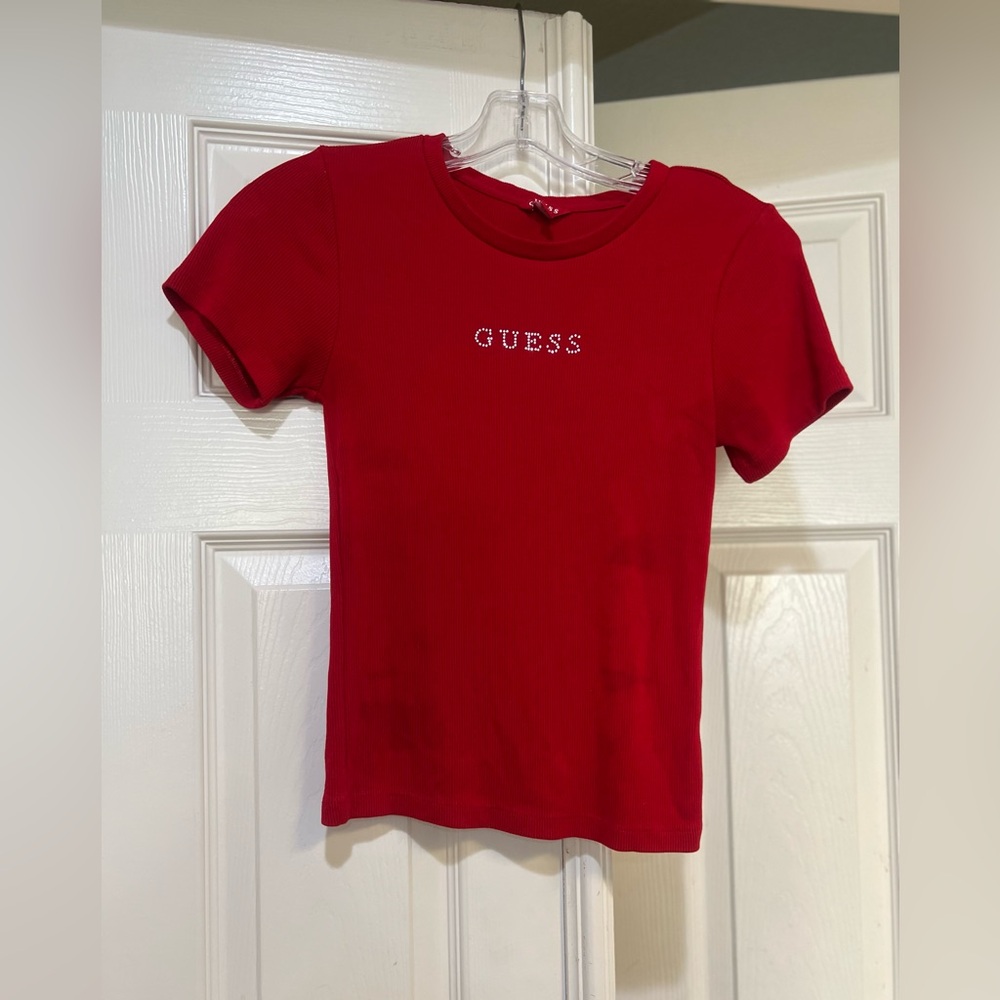Guess Women’s Small Red Rhinestone Logo‎ Ribbed Knit Slim Fit  stretch blouse